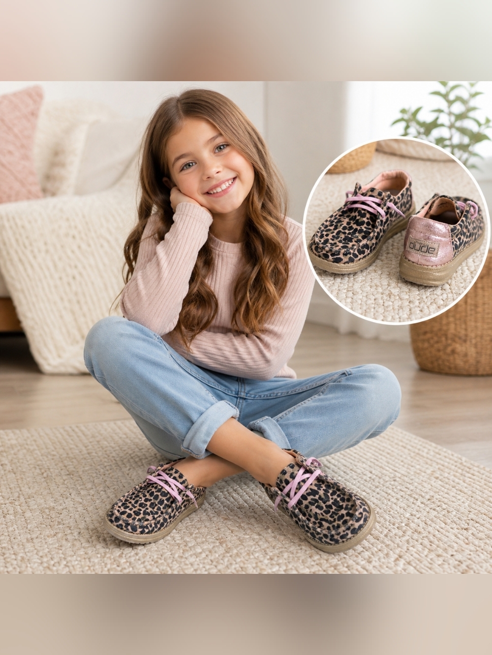 Hey Dude Wendy Leopard Slip On Shoes Youth 4 Womens 5 Pink Lace Metallic Heel
